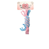 Pink and blue rope dog toy with 'Puppy Love' packaging on a white background
