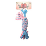 Pink and blue rope dog toy with 'Puppy Love' packaging on a white background