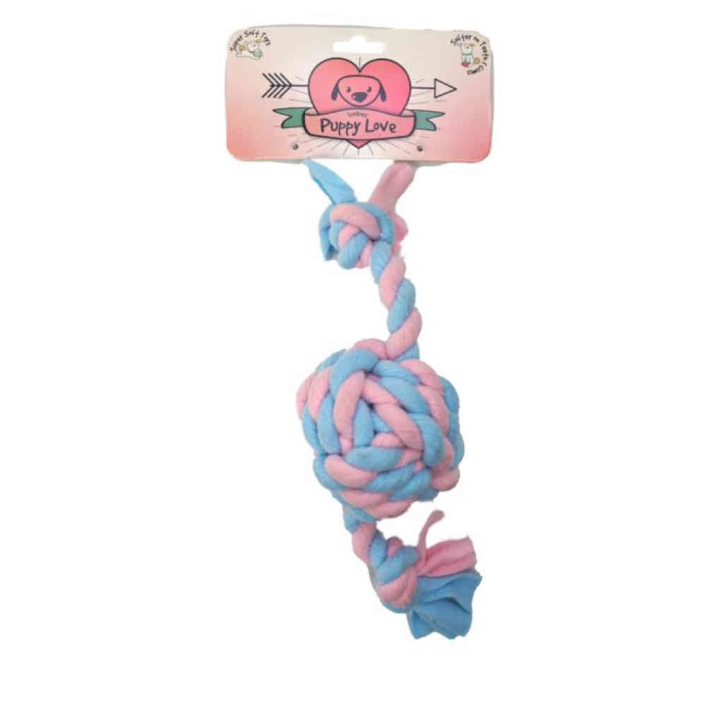 Pink and blue knotted rope toy for pets with 'Puppy Love' tag on a white background