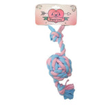 Pink and blue knotted rope toy for pets with 'Puppy Love' tag on a white background