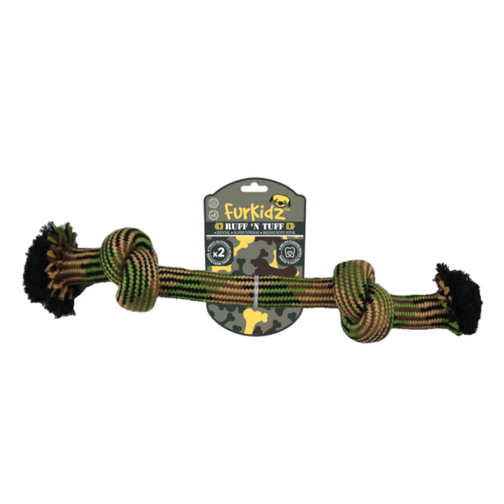 Dog toy with camouflage pattern and 'Furkidz' branding on a white background
