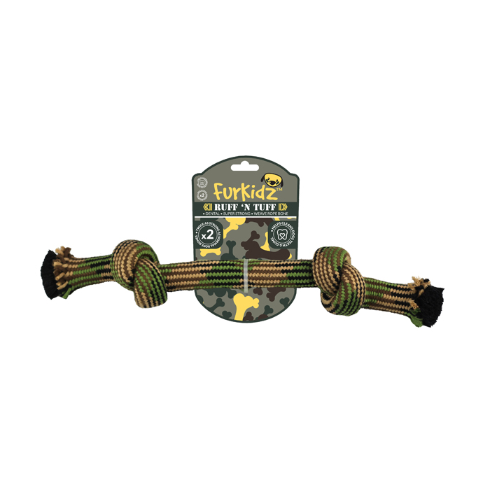 Dog toy with camouflage pattern on a white background