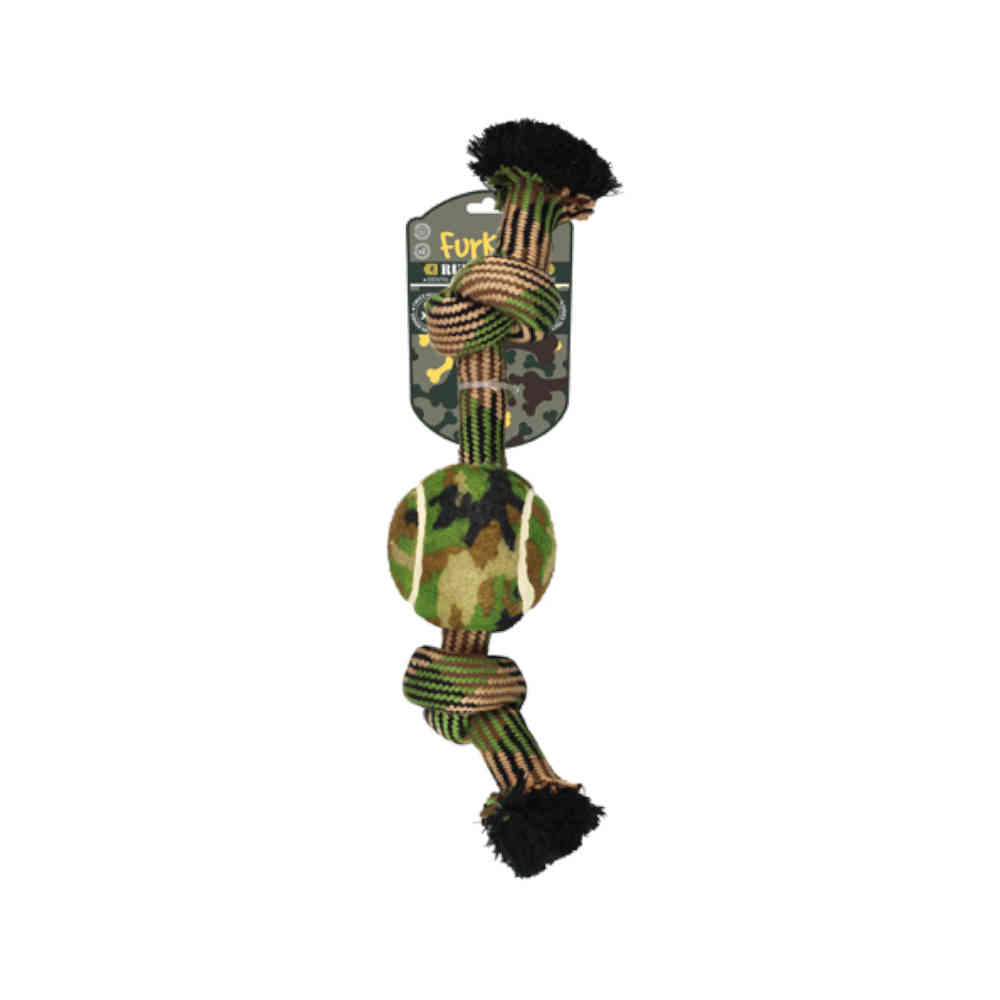 Camouflage dog toy with black pom-poms on a white background