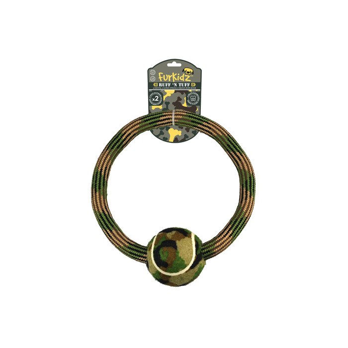 Camouflage dog toy with a ball on a white background