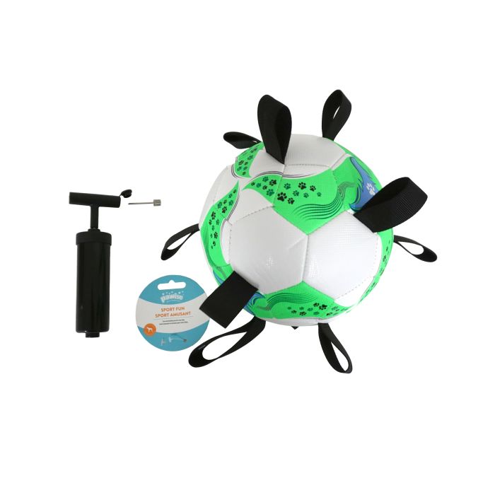 Dog toy with green and white design, black straps, and pump on a white background