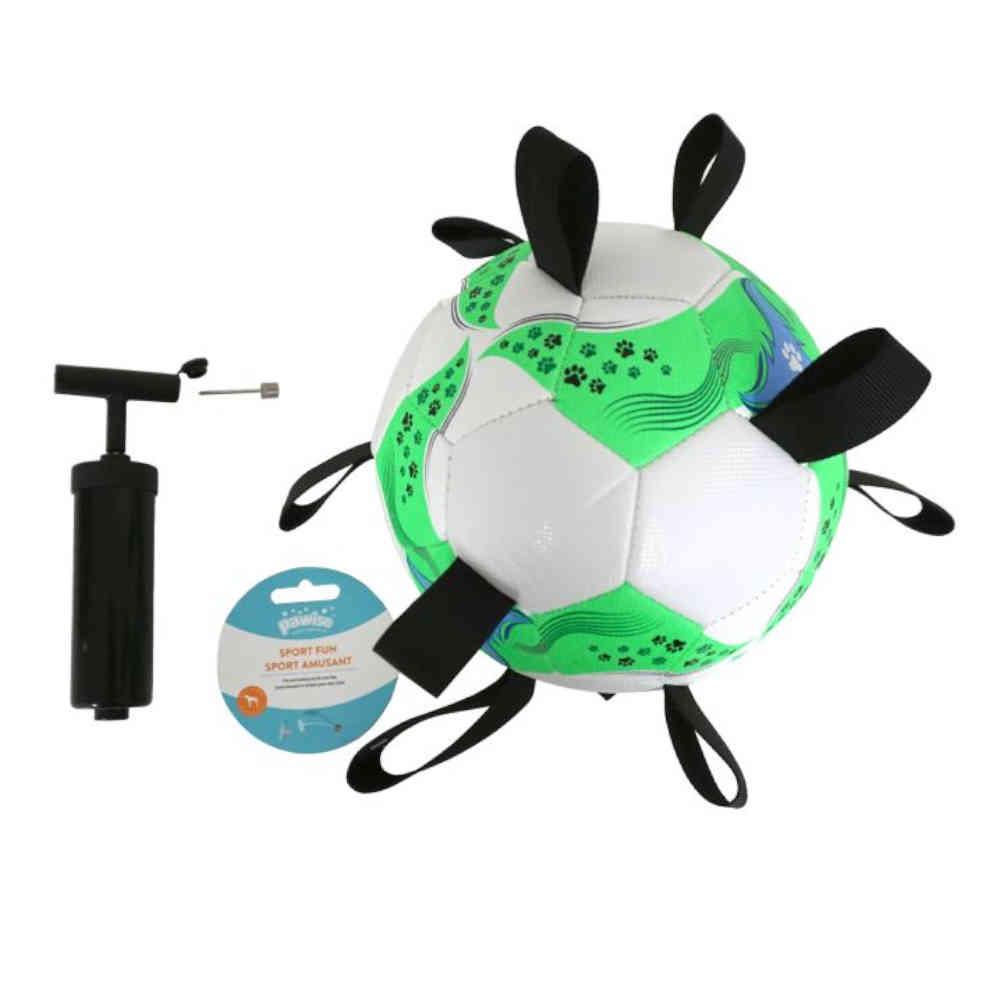 Dog toy with green and white design, pump, and packaging on a white background
