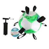 Dog toy with green and white design, pump, and packaging on a white background