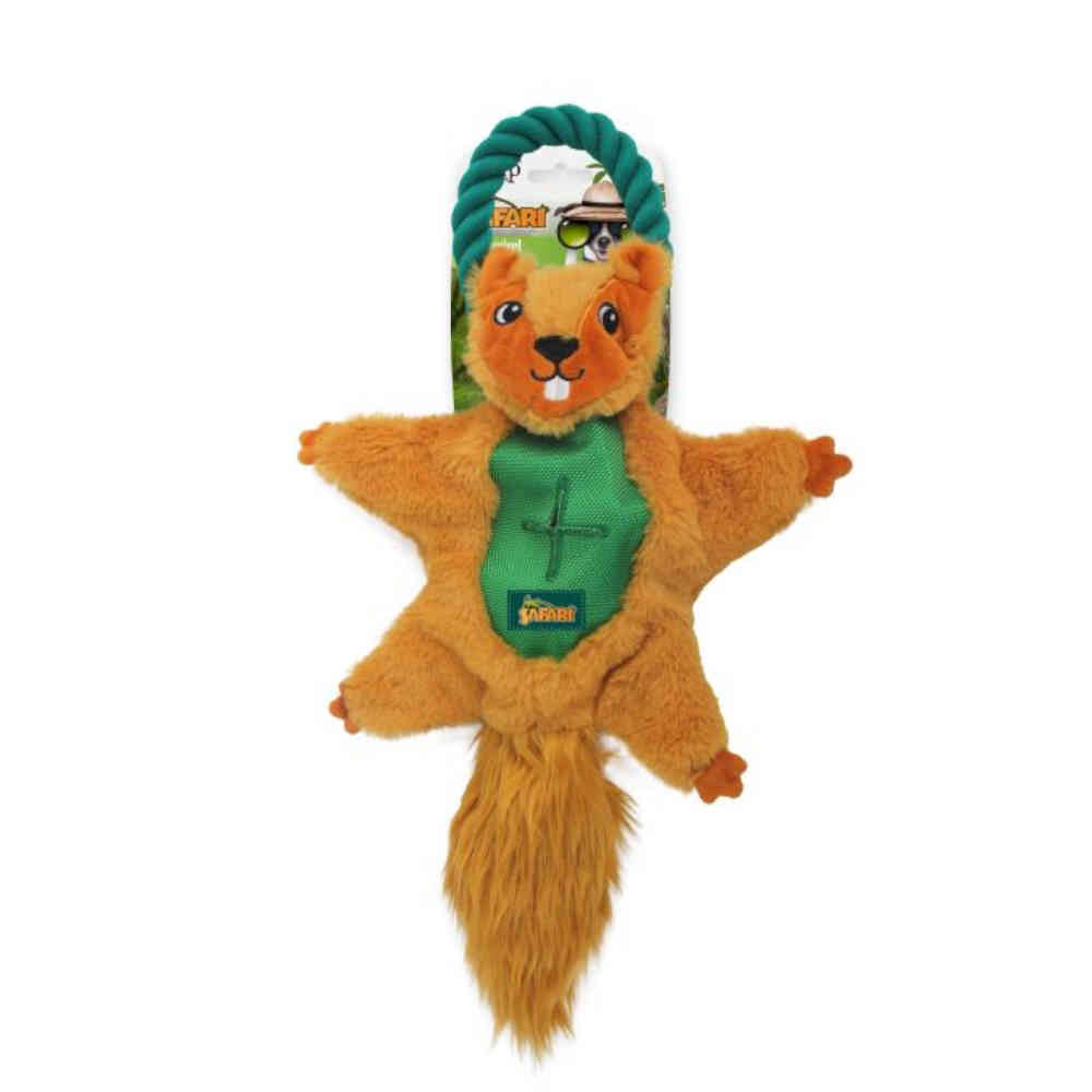 Plush toy shaped like a squirrel with a green shirt and sunglasses on a white background