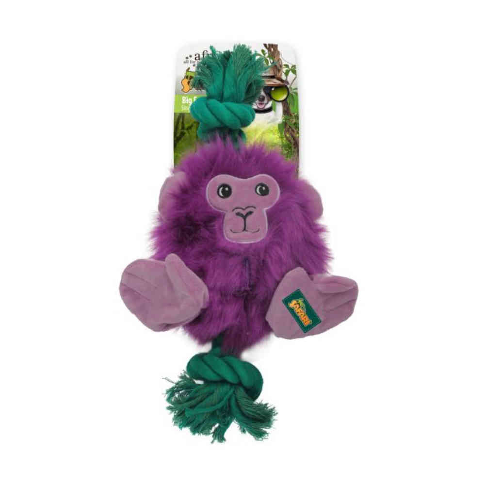 Purple monkey toy with green rope on a white background