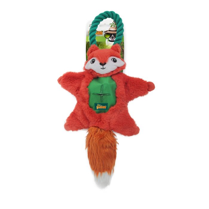 Plush fox toy with a rope on a white background
