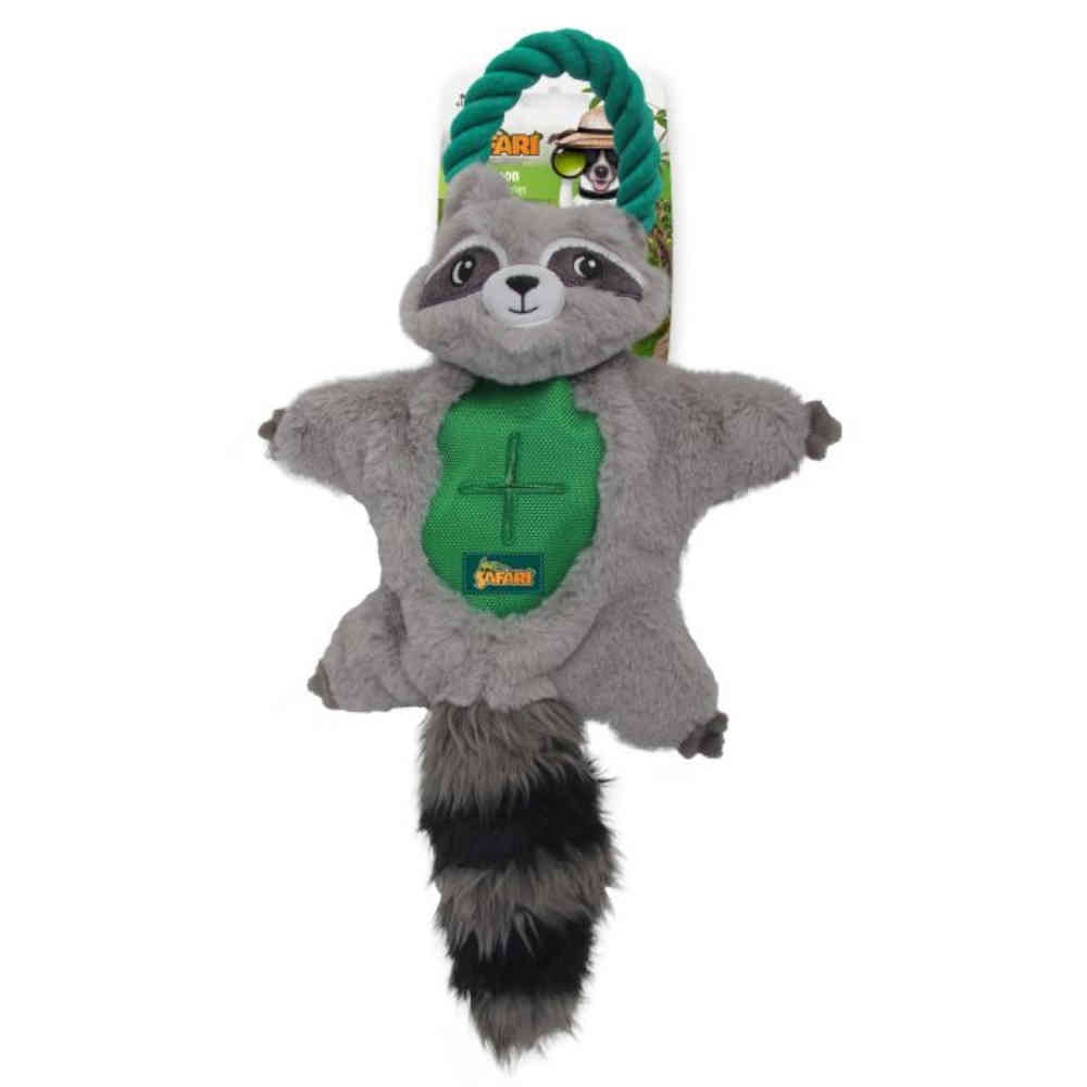 Plush raccoon toy with a green rope on a white background