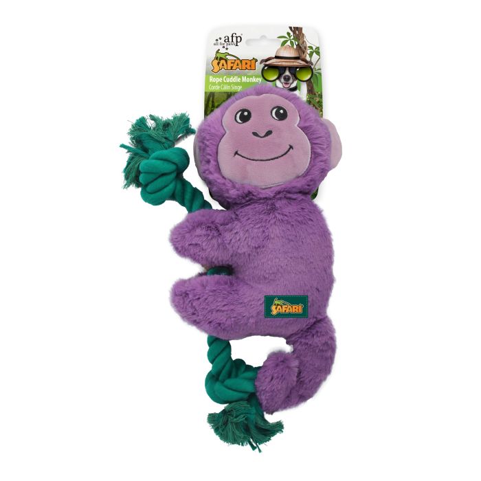 Purple monkey toy with green rope on a white background
