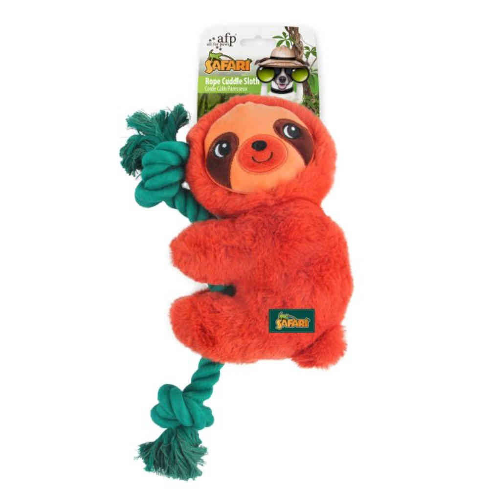 Plush sloth toy with a rope, featuring the Safari brand, on a white background.