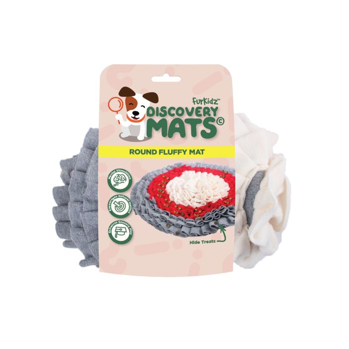 Round fluffy mat with packaging labeled 'Furkidz Discovery Mats' on a white background