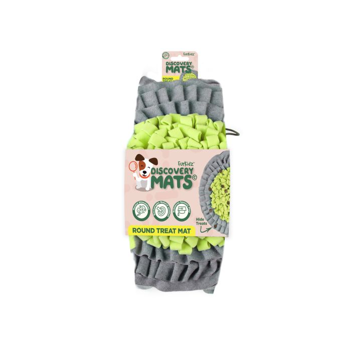 Dog toy packaging with round treat mat featuring gray and green colors on a white background.