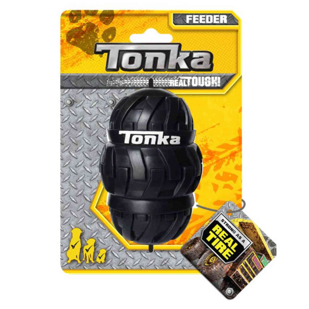 Black Tonka feeder toy on a yellow and gray packaging