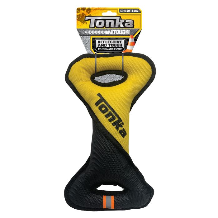 Yellow and black Tonka chew toy with packaging on a white background