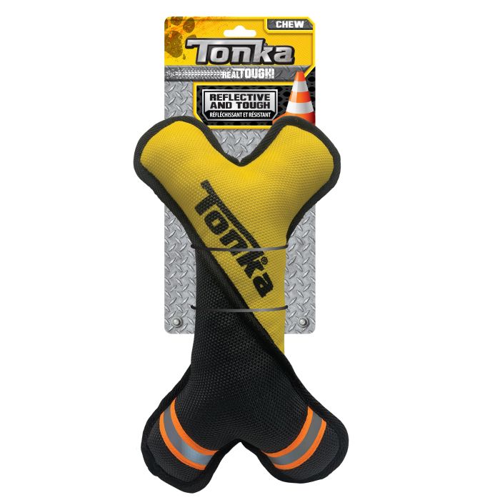 Yellow and black dog toy with reflective striping on a white background, featuring Tonka branding.