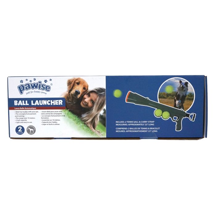 Box of Pawise Ball Launcher for dogs with images of a dog and a person on a white background