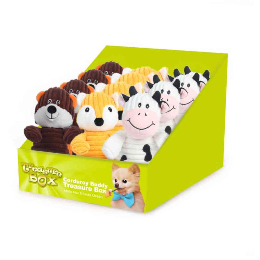 Collection of plush toys in a display box with a green background