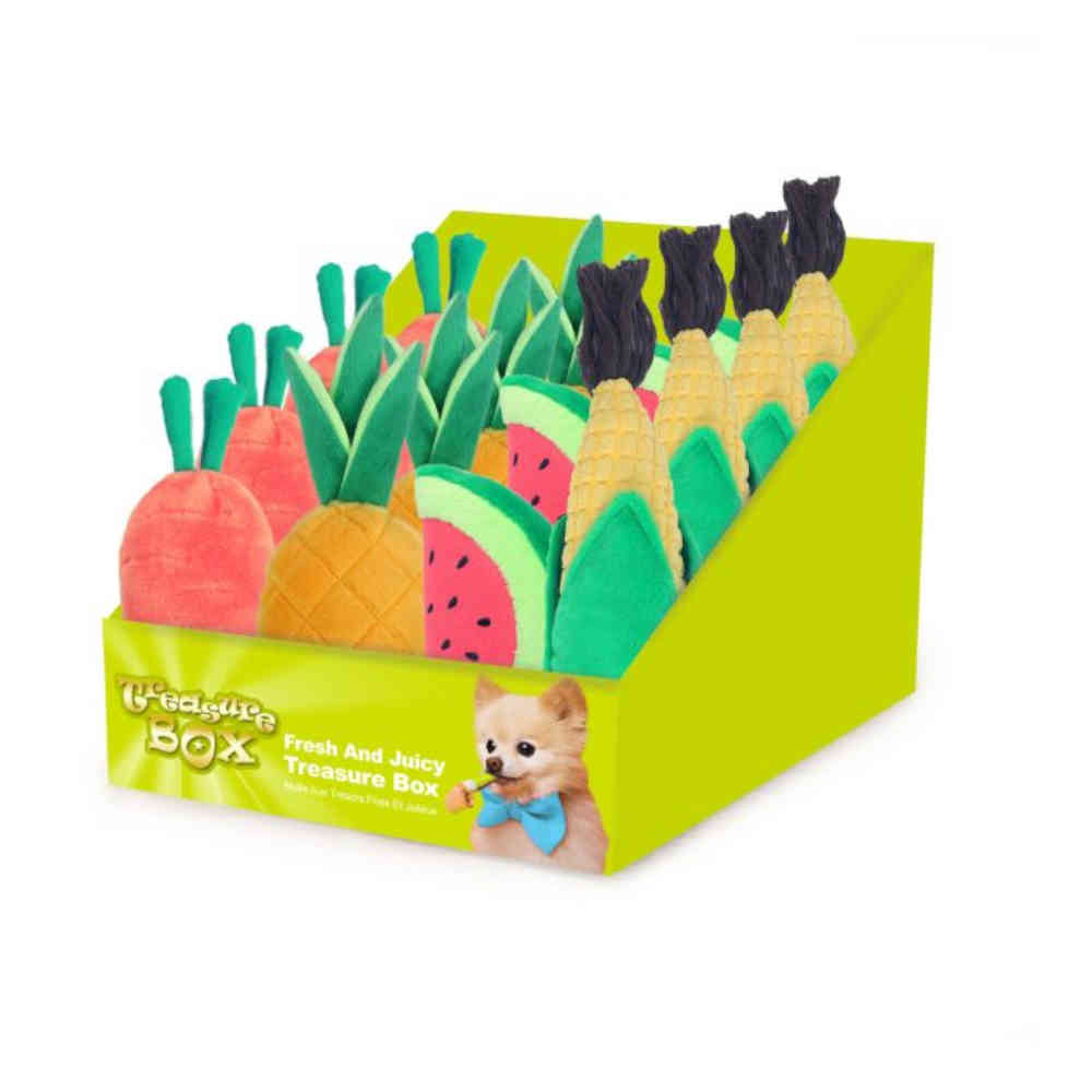 Colorful dog toy set in a green box with a small dog illustration on a white background