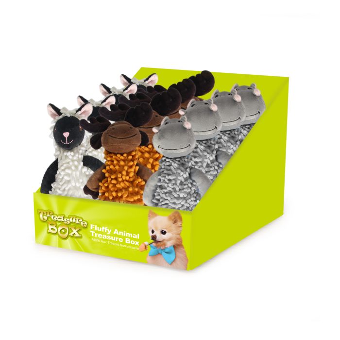 Display of plush animal toys in a green box with visible brand logo.