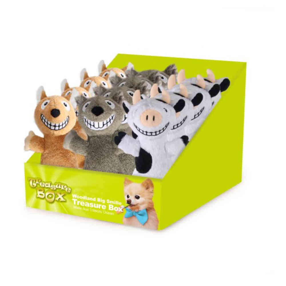Set of plush animal toys in a green box with 'Woodland Big Smiles' branding.