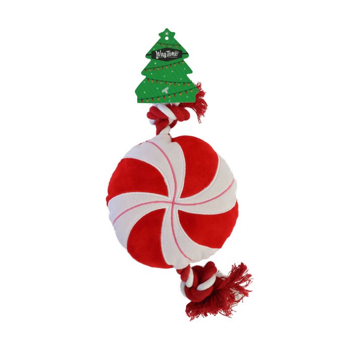 Red and white peppermint candy plush toy with a green tree on top, on a white background