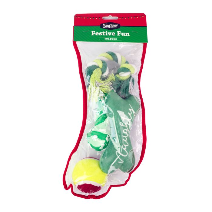 Dog toy set in a clear stocking with visible brand name, against a white background.