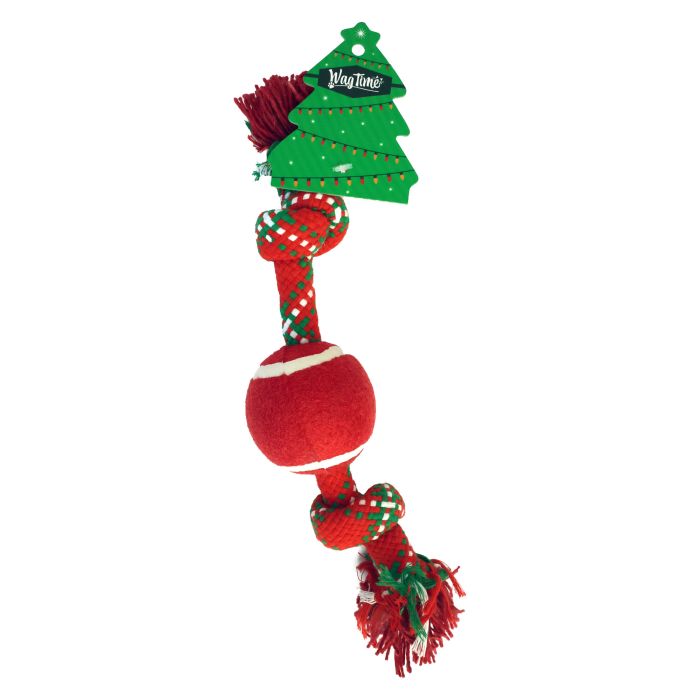 Dog toy with red ball, green tree, and red rope on a white background