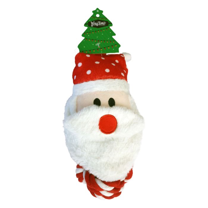 Plush Santa Claus toy with a green tree on a white background